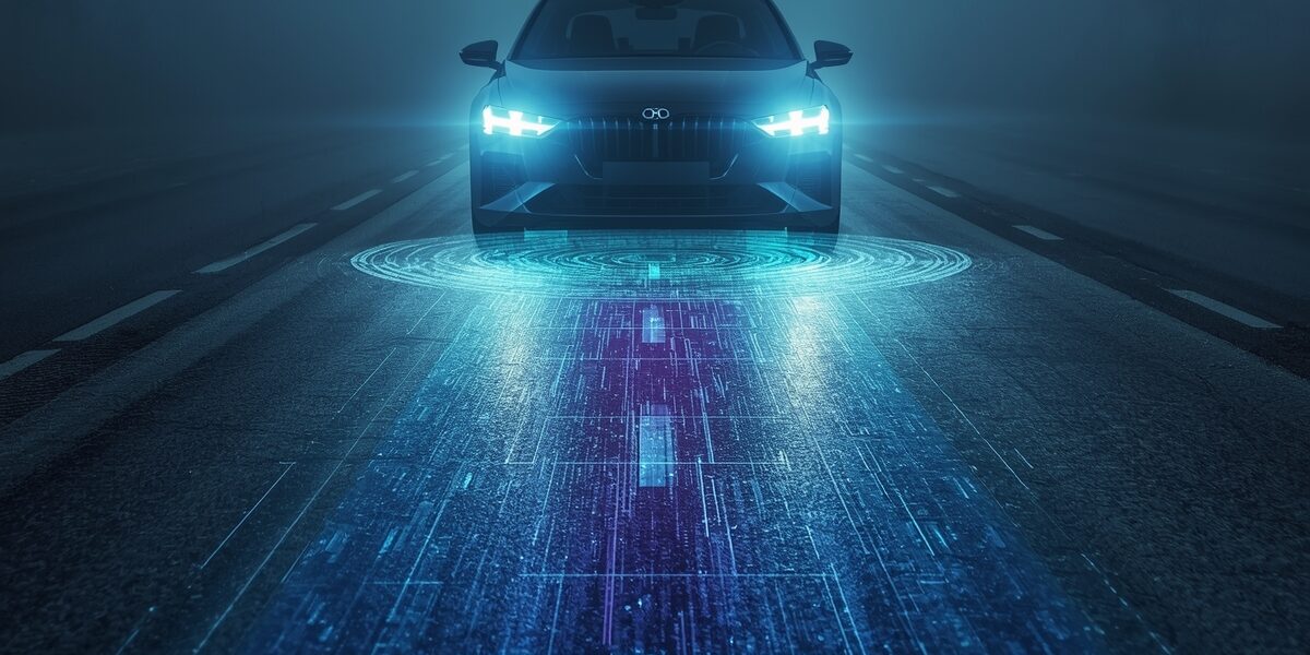 Lucid_Origin_A_futuristic_car_driving_on_a_misty_road_at_night_0